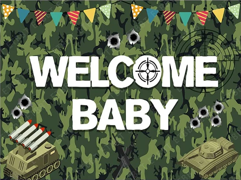 Sfondo mimetico benvenuto Baby Army Tank Decoration amanti militari Boy Birthday presepe fotografia fondali