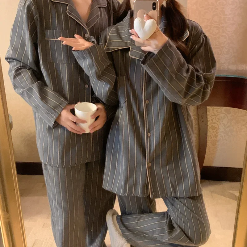 

S382 Comfortable Sleepwear Pants Long Sleeve Winter Women Pajama Sanding Home Couple Sleepwear Striped Autumn Set Pyjamas Suit