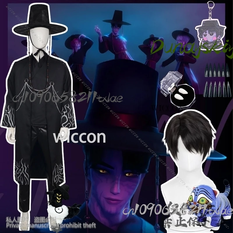 

Anime Movie Kpop Demon Saja Boy Cosplay Jinu Goth Costume Korean Idol Long Black Uniform Hat Tattoo Prop Handsome Halloween 코스프레