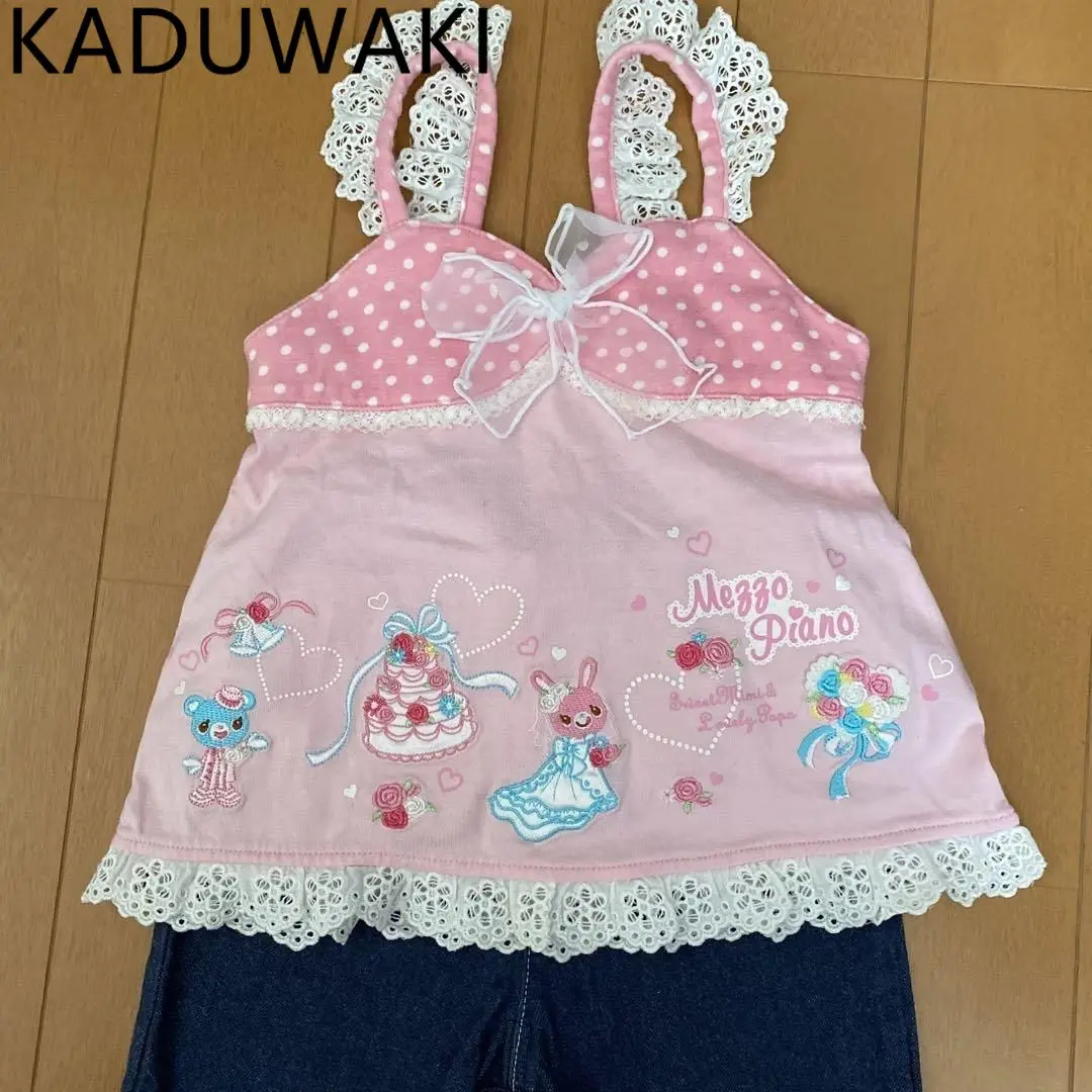 

Летняя японская камзол Kawaii, винтажная кружевная футболка в горошек с мультяшным принтом и бантом, кружевной лоскутный топ Y2k, эстетичная милая футболка с рисунком