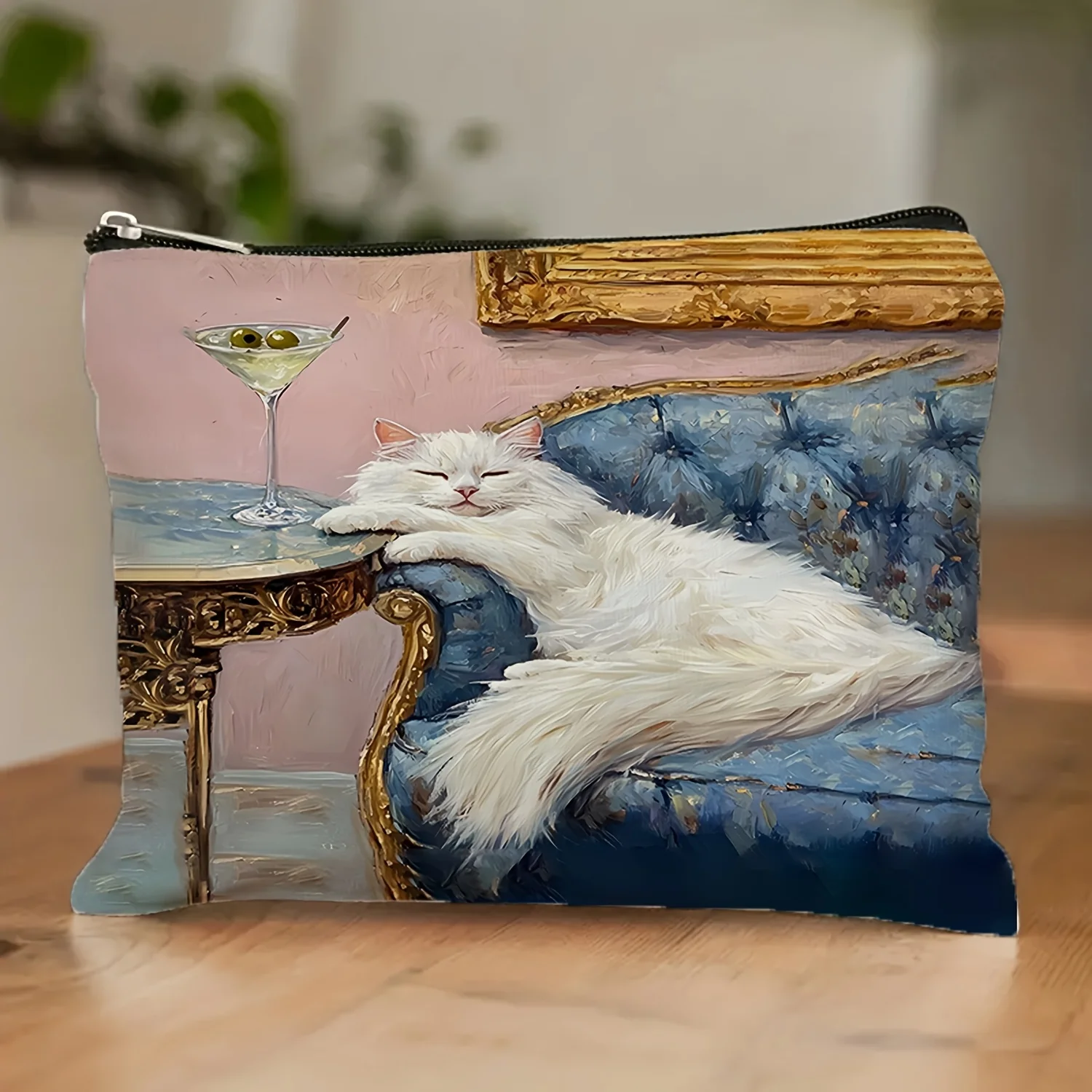 Una elegante bolsa de maquillaje de gato blanco para dormir: bonita bolsa multifuncional con cremallera, bolsa de almacenamiento de joyas, almacenamiento pequeño con cremallera de viaje perfecta