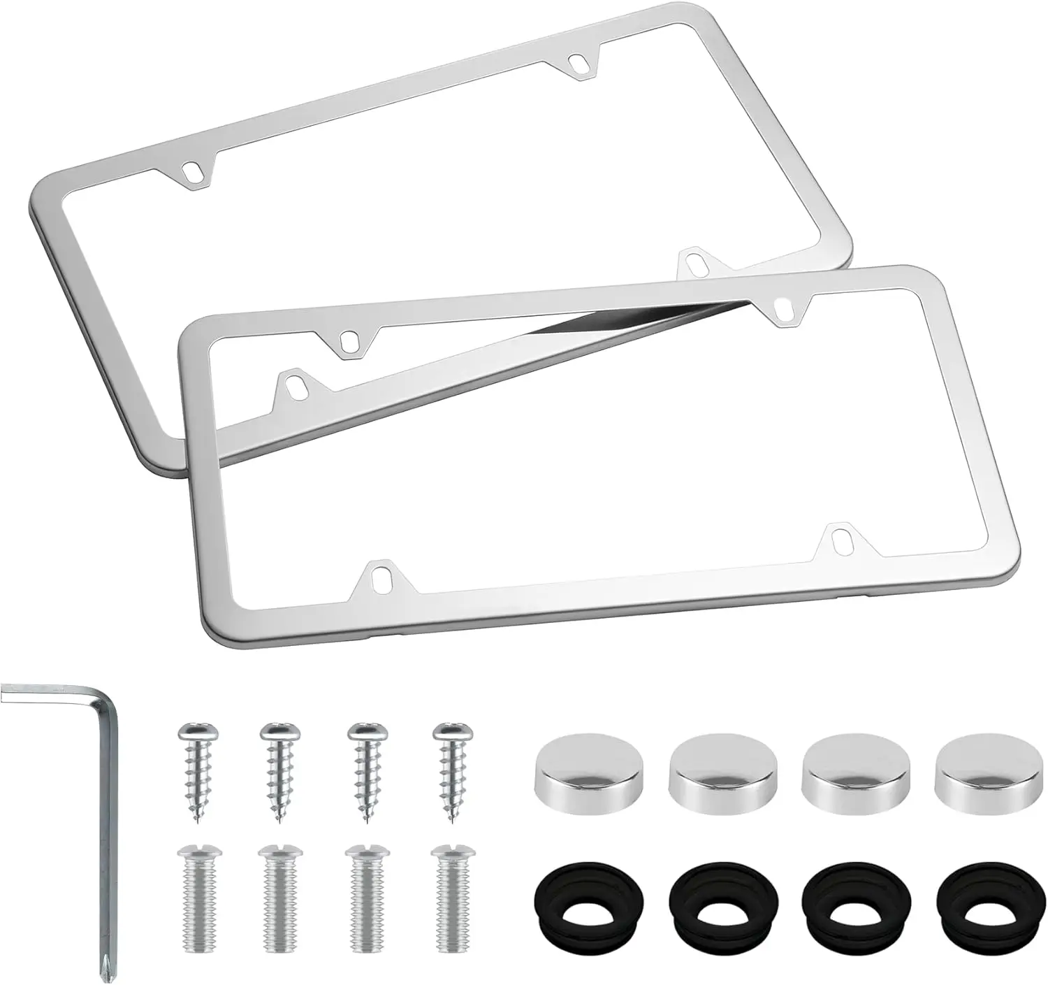 

Рамки для номерных знаков из нержавеющей стали, 4 отверстия, тонкий дизайн, с болтами и прокладками для автомобилей США, серебристые - комплект из 2 штук