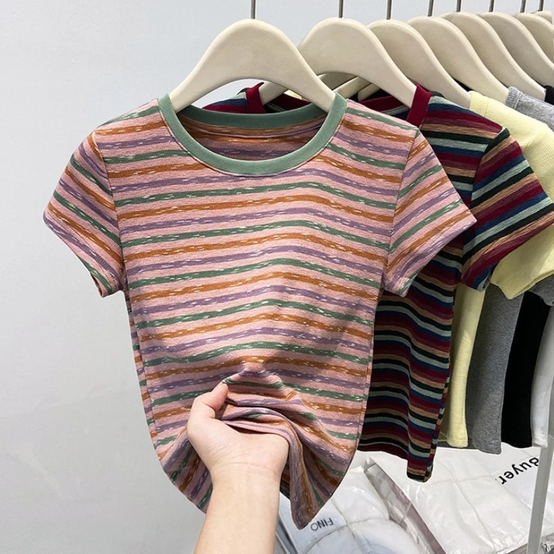 

2025 Women's Colorful Stripes Short Sleeve Crew Neck Summer T-shirt Fashionable Patchwork Summer Top Women Fashion Casual Tops
