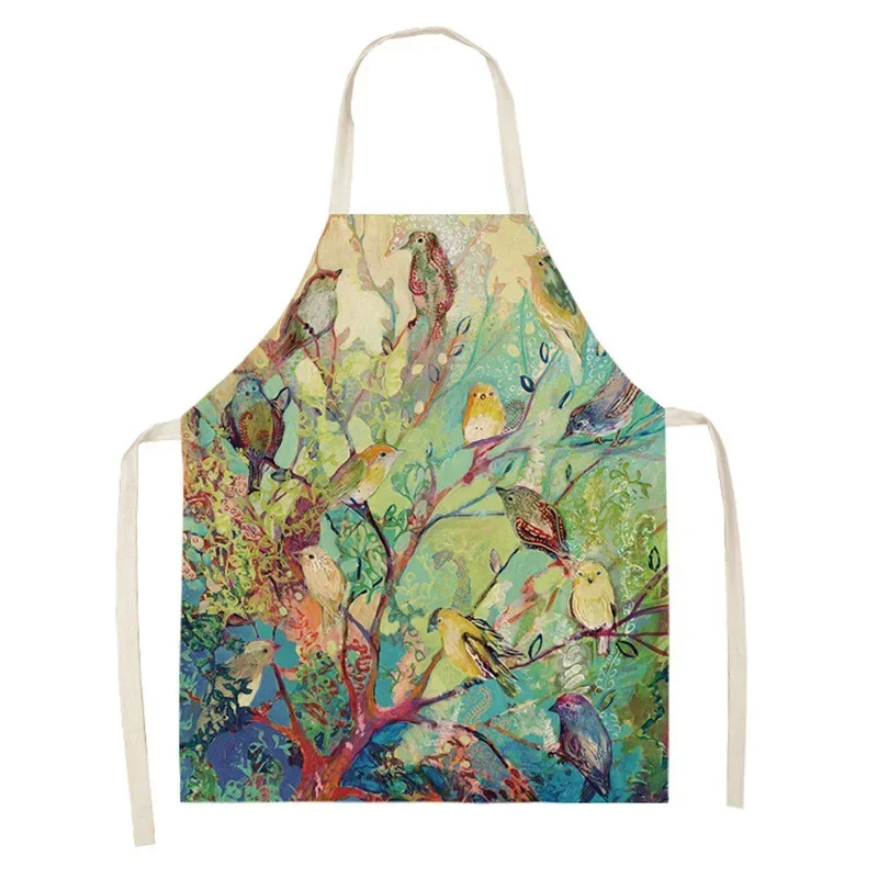 Forest color bird printed sleeveless linen apron family kitchen oil anti -pollution apron house cleaning tool delantal