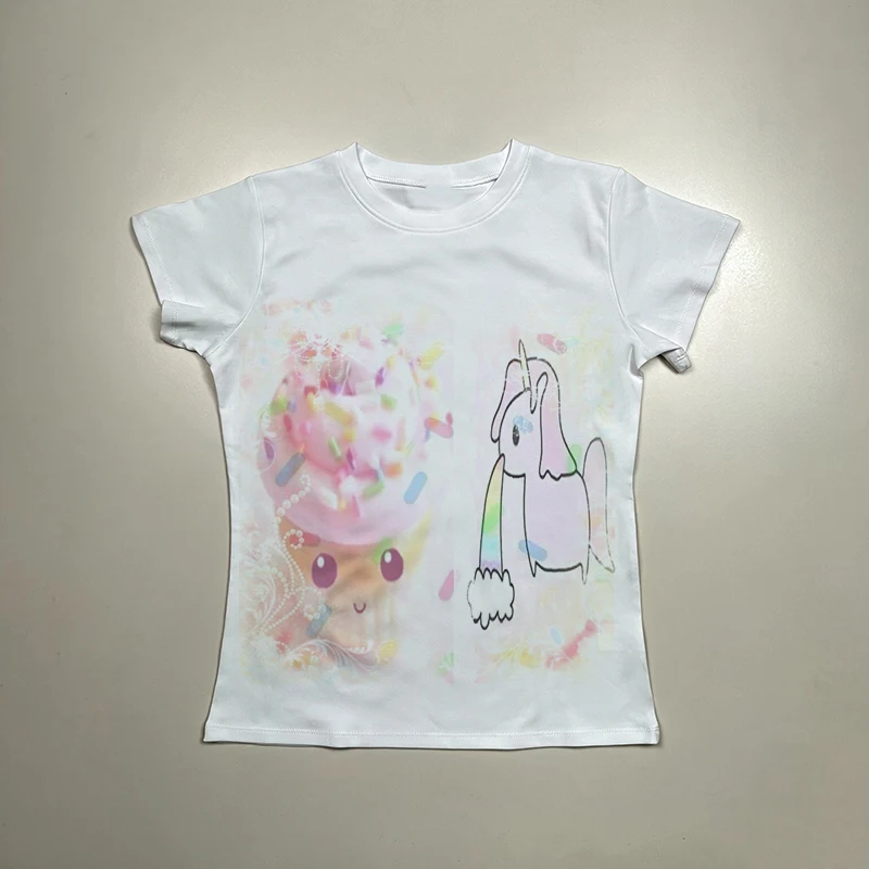 Kawaii Coquette Damen Rundhals-Langarmshirt mit süßem Einhorn-Eiscreme-Print, schmal geschnittenes Y2K Vintage Casual T-Shirt – Detail 2