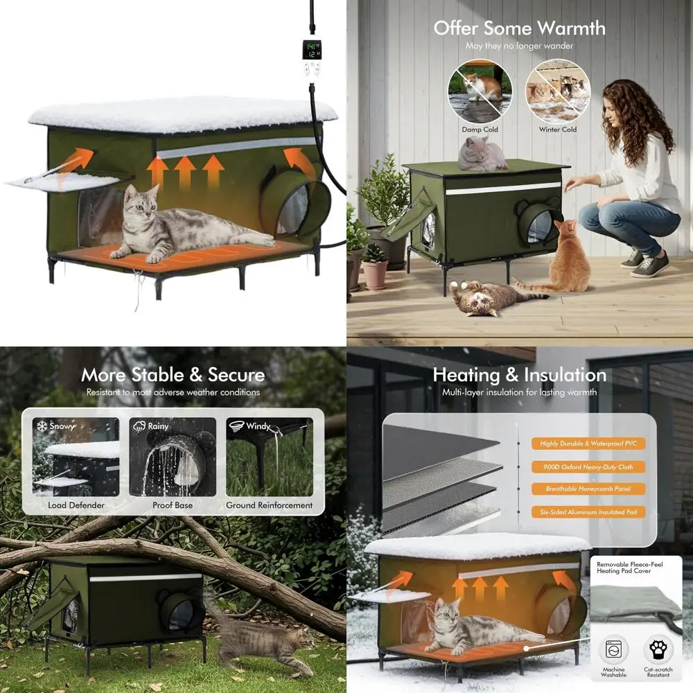 

Большой всепогодный утепленный уличный домик для кошек с подогреваемой подстилкой с таймером для зимы, приподнятый, с молнией, 2 двери, Ar
