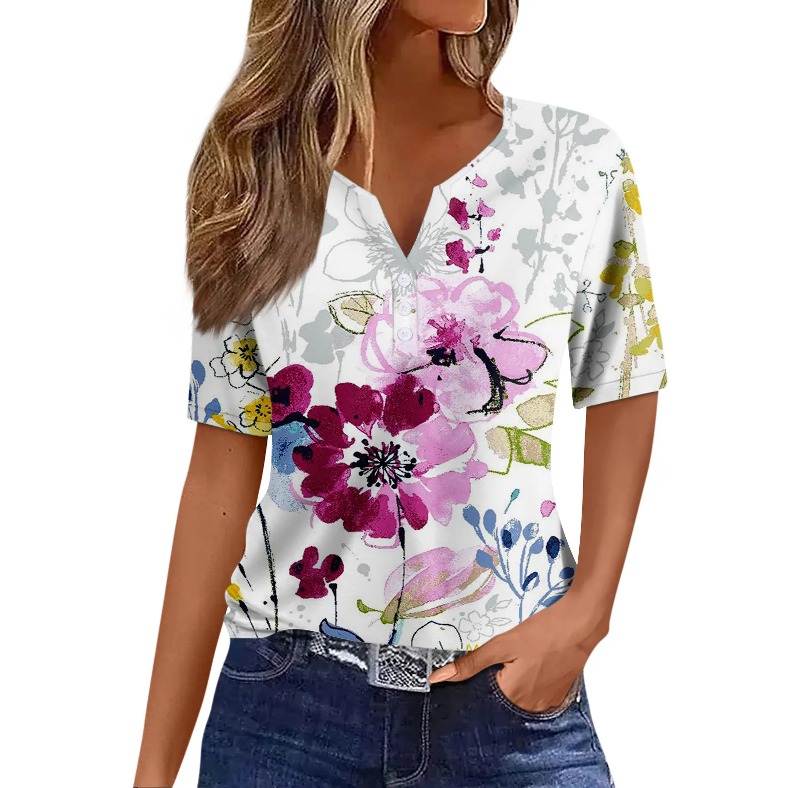 Women'S Casual T-Shirts Fashion Trend Vintage Printed V-Neck Short Sleeve Tops Regular Decorative Button T-Shirt Tops