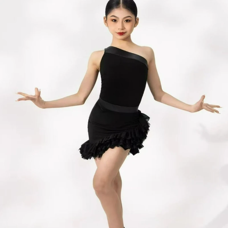 

Детский комплект платья для латинских танцев для девочек, мини-юбка из сетки без рукавов, костюм для соревнований по бальным выступлению, ча-ча-самба