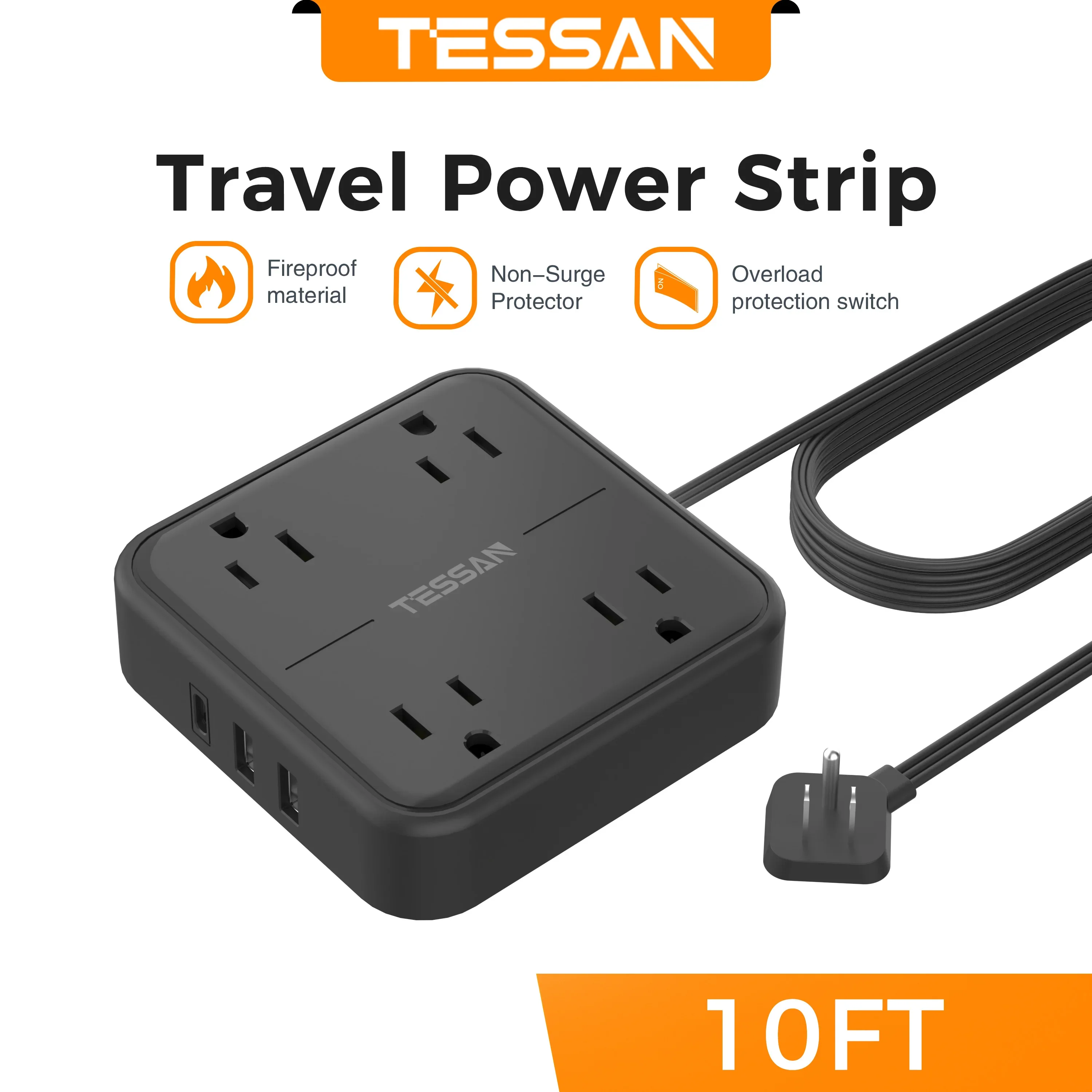 TESSAN Ultra Thin Flat Plug Power Strip Surge Protector with 8 Outlets 3 USB (1 Type-C) 900J Surge Protection Charging Station