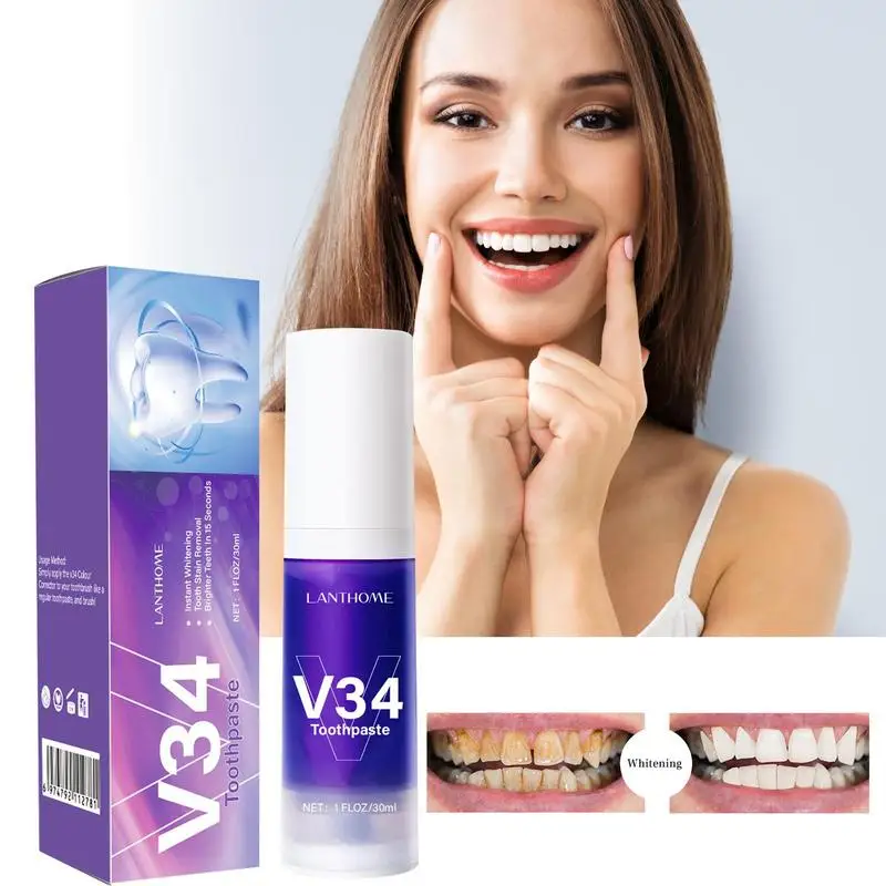 V34 Intensive Teeth Whitener 30ml Dental Stain Removal Yellow Colour Corrector Toothpaste Deep Cleaning Oral Cleaning Hygiene