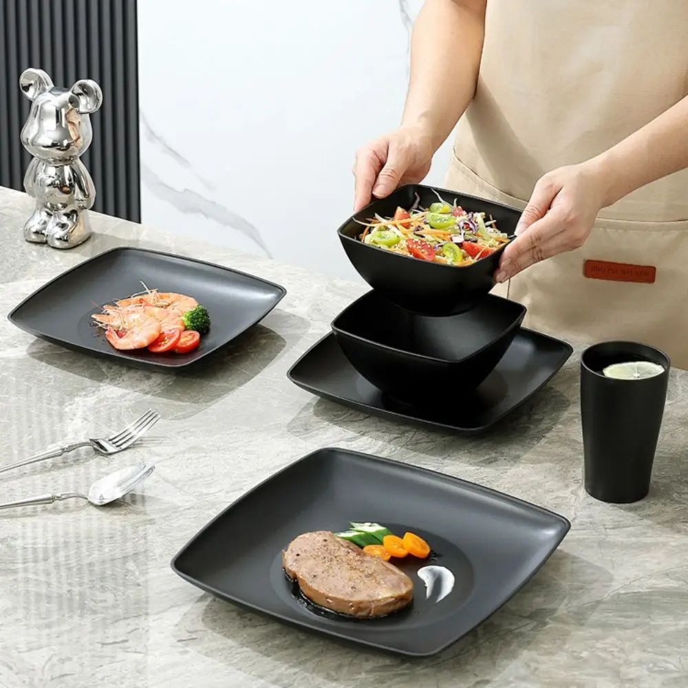 

16pcs/Set Square Plastic Dinnerware Set Reusable Thickened Tableware Suit Wheat Straw Large Capacity Dinner Plate Set Restaurant