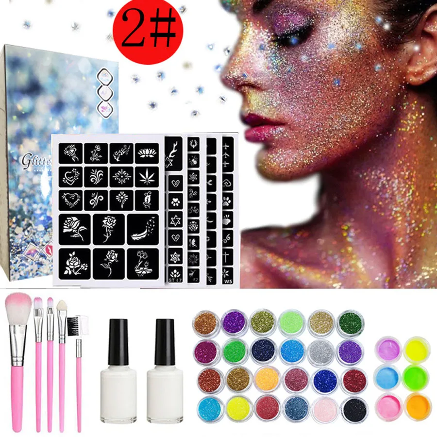 Halloween Glitter Colors Tattoo Kit With Stencil Glue Brush Makeup Glitter Body Art Design For Kids Body Painting Glitter Powder