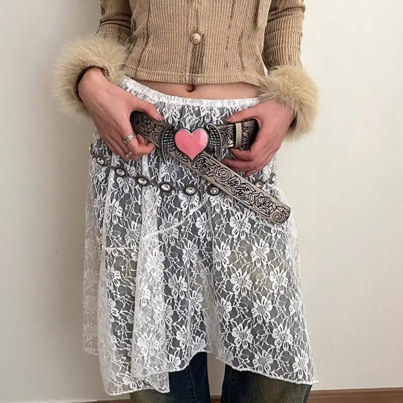 39BC Damska spódnica w stylu vintage z elastycznym pasem, nieregularna, warstwowa, przezroczysta, kwiecista, koronkowa długa