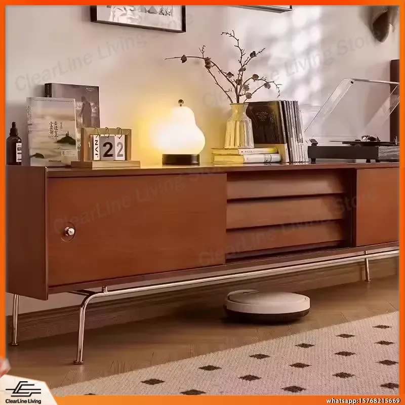 Solid Oak TV Stand with Stainless Steel Legs Large Capacity Farmhouse Entertainment Center Living Room Storage Cabinet Modern