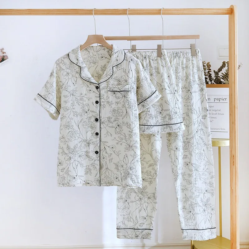 2024 Spring/Summer New Women\'s Pajamas Three Piece Set 100% Cotton Crepe Short Sleeves+Shorts+Pants Princess Style Home Suit Set