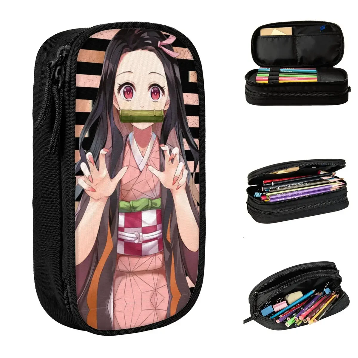 Nezuko Pencil Cases Cute Demon Slayer Anime Pen Pencil Bags Large Storage Students School Cosmetic Pencilcases