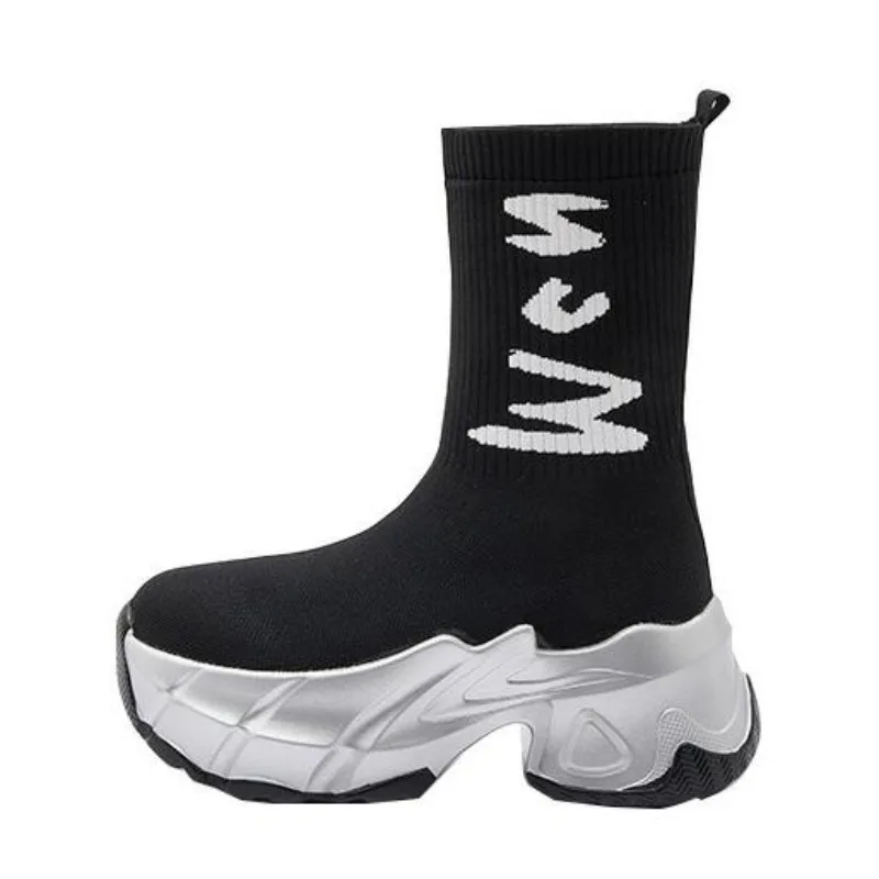 

6 см синтетическая ткань, эластичная трикотажная ткань, британская мода, женские осенне-весенние ботинки на танкетке, сапоги до колена, обувь