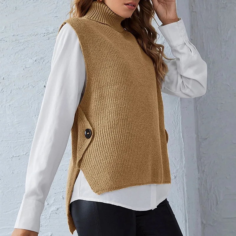 Fashion Turtleneck Sweater Vests For Women Knitted Sleeveless Tops Black Button Pullovers Autumn Winter New 2024