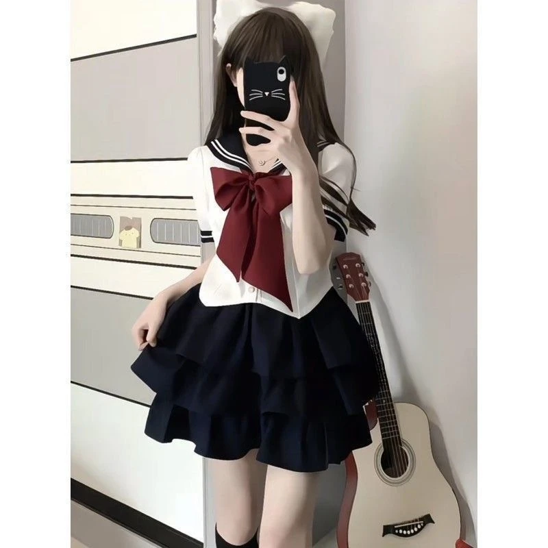 Japanese School Uniform Jk Plus Size S-8XL Sailor Uniform Korean Preppy Girl Navy Collar Bow Pommel Skirt Suit for Women