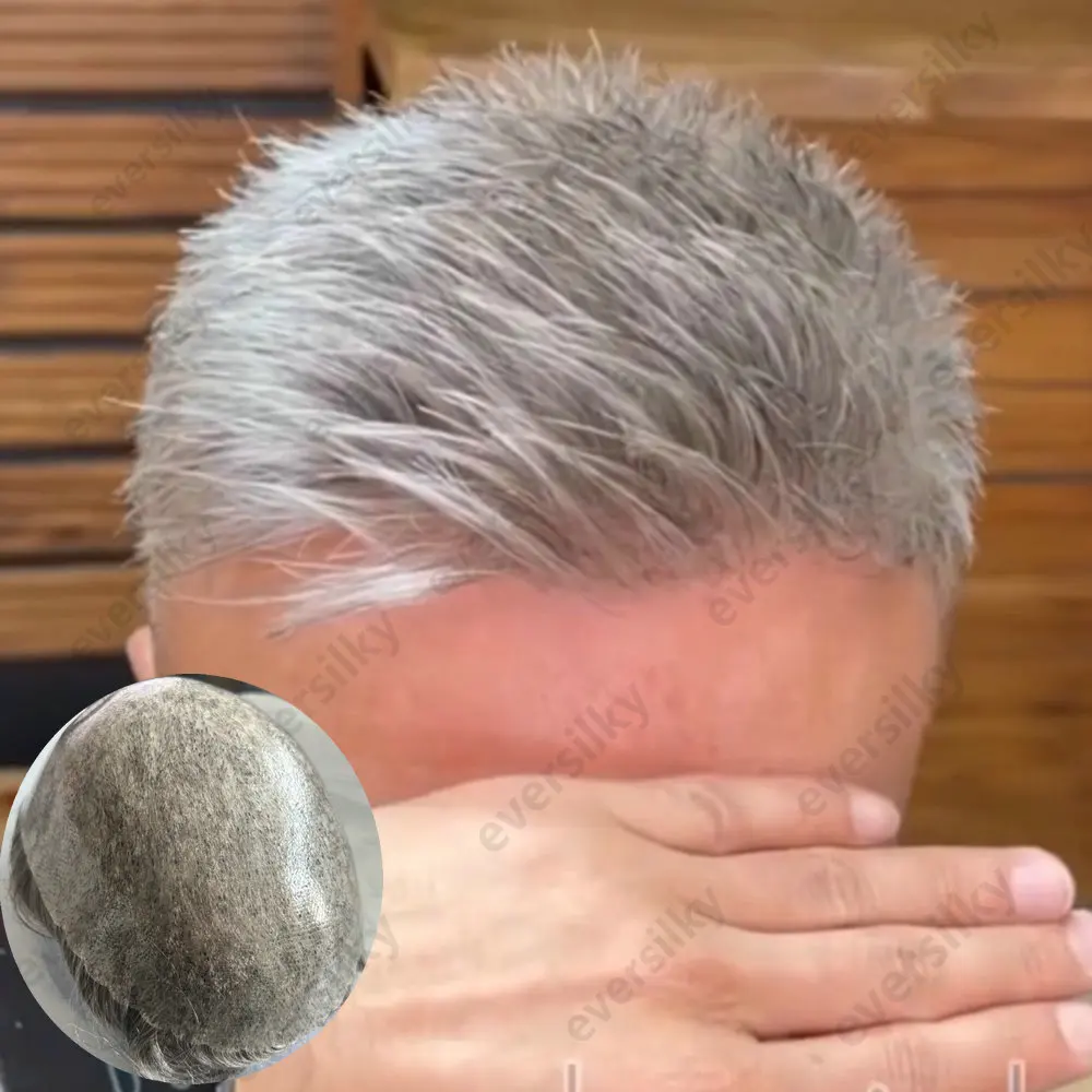 Unentdeckbar 1B80 1B65 Graues Echthaar-Toupet für Herren, dünne PU-Basis, Haarsystem für Männer, super langlebig, Prothesenhaarteil – Detail 1