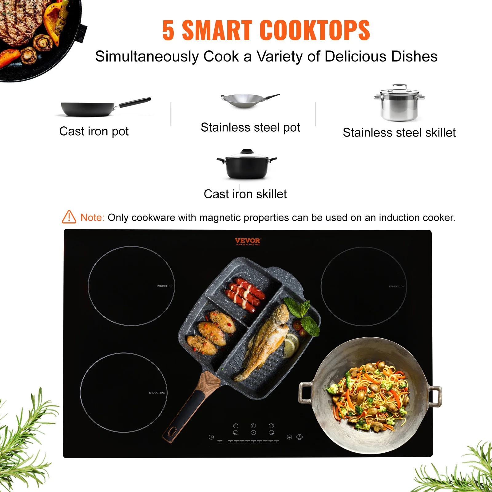 VEVOR 5 Burners 30/36 Inch Electric Induction Cooktop Stove Hob Built-in Burner Cooker Sensor Touch Control Magnetic Cooker