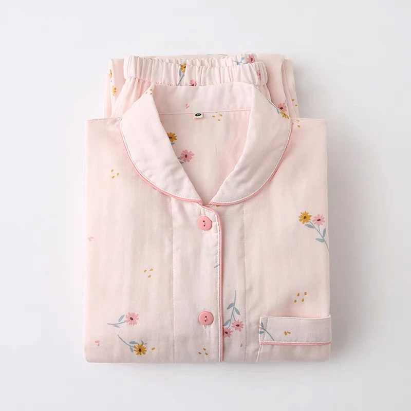 Pure Cotton Sleepwear Set for Women Long Sleeve Home Clothes Spring Autumn Japanese Style  Design Double Layer Gauze