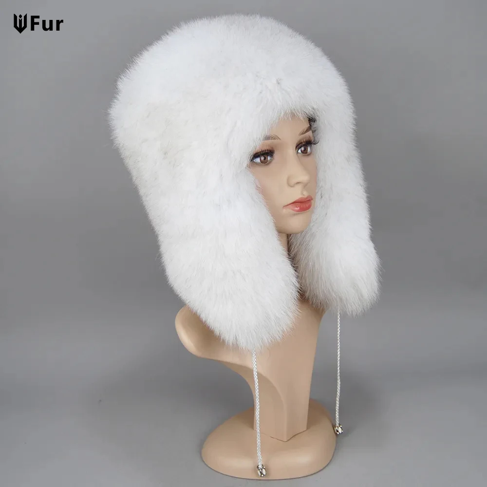 

Winter Hats Real Fox Fur Pompom Bomber Hats Russian Female Beanies Natural Raccoon Fur Hat Knitted Skullies Beanies Women's Cap