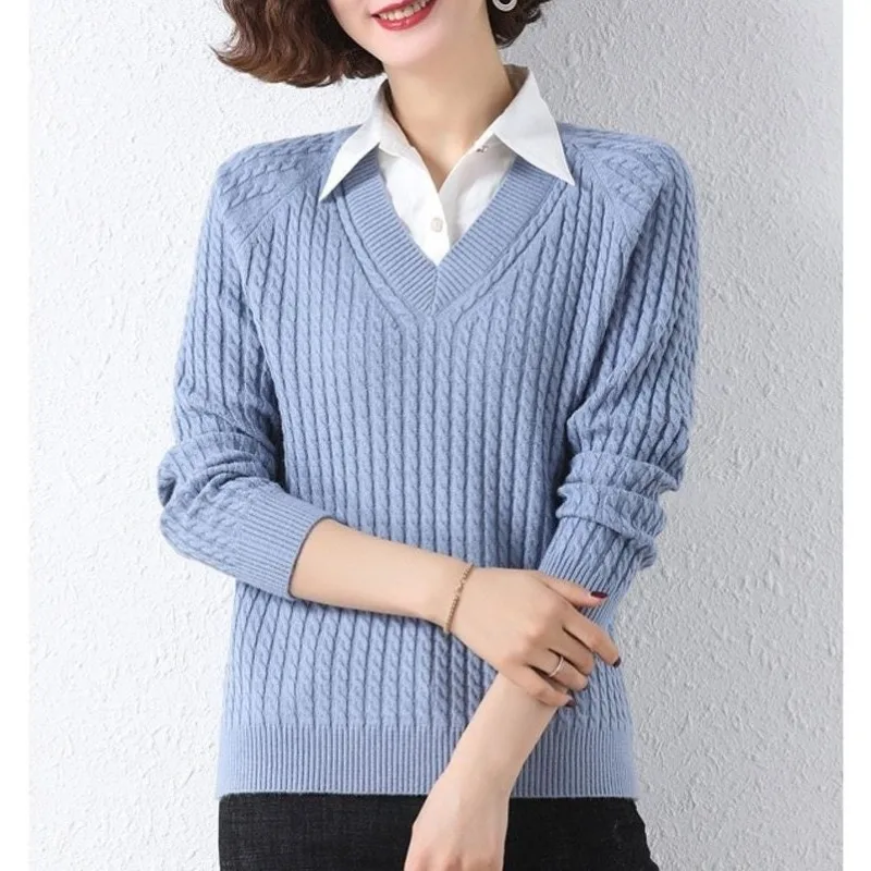 Autumn and Winter Vacation Two Pieces Women\'s Solid Color Polo Collar Panel Fashion Tee T-shirt Pullover Commuter Casual Tops