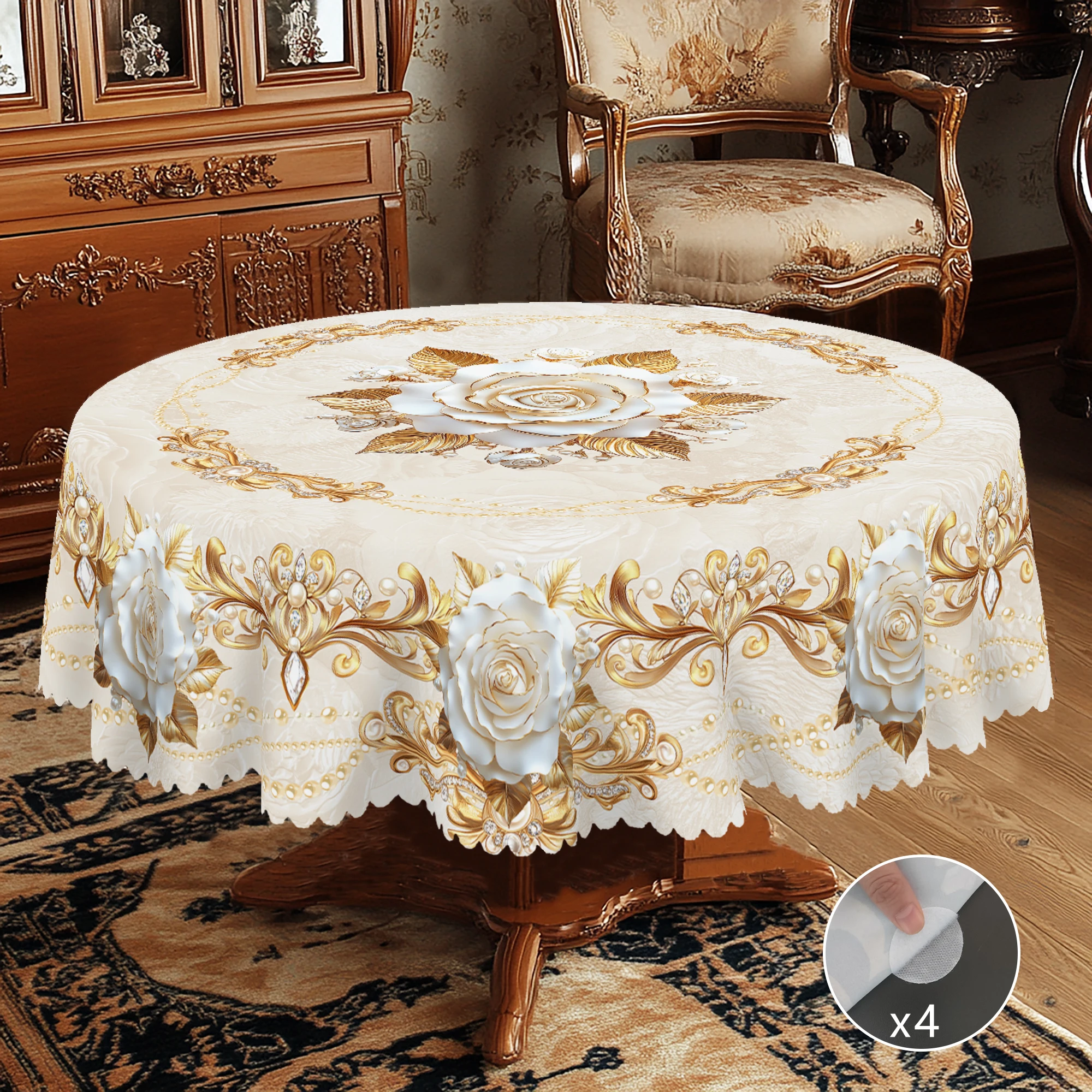 1 Stück Vintage-Tischdecke mit floralem Motiv, rund und rechteckig, in verschiedenen Größen erhältlich, mit Goldlinien- und Perlmuttmuster-Druck, geeignet für Küche, Partys und