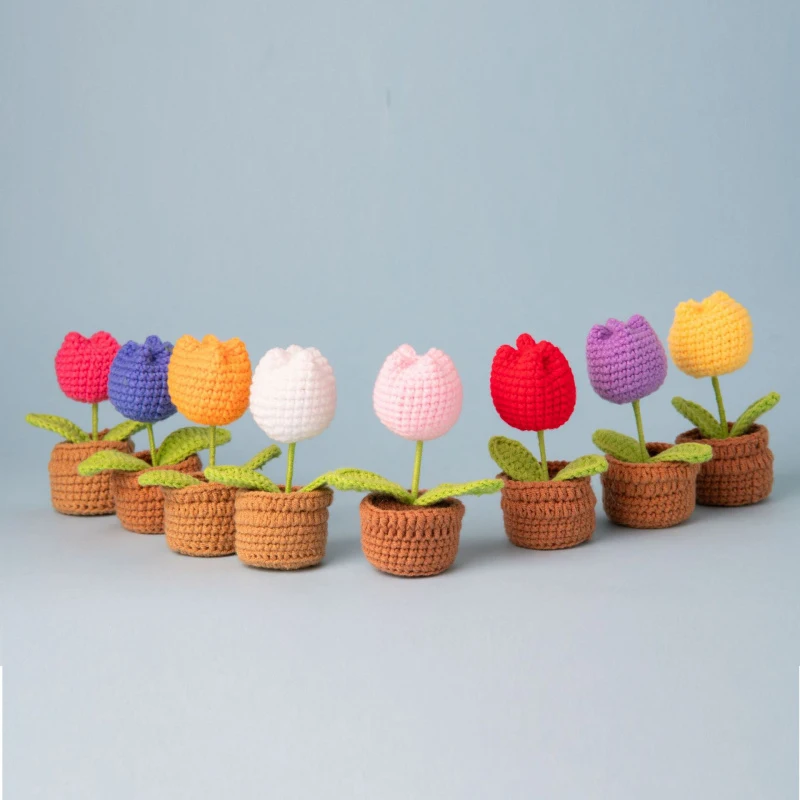 

12-сантиметровые миниатюрные готовые вязаные крючком тюльпаны в горшках, мягкие растения для декора дома и стола, подарки на День матери, День святого Валентина, Рождество, выпускной.