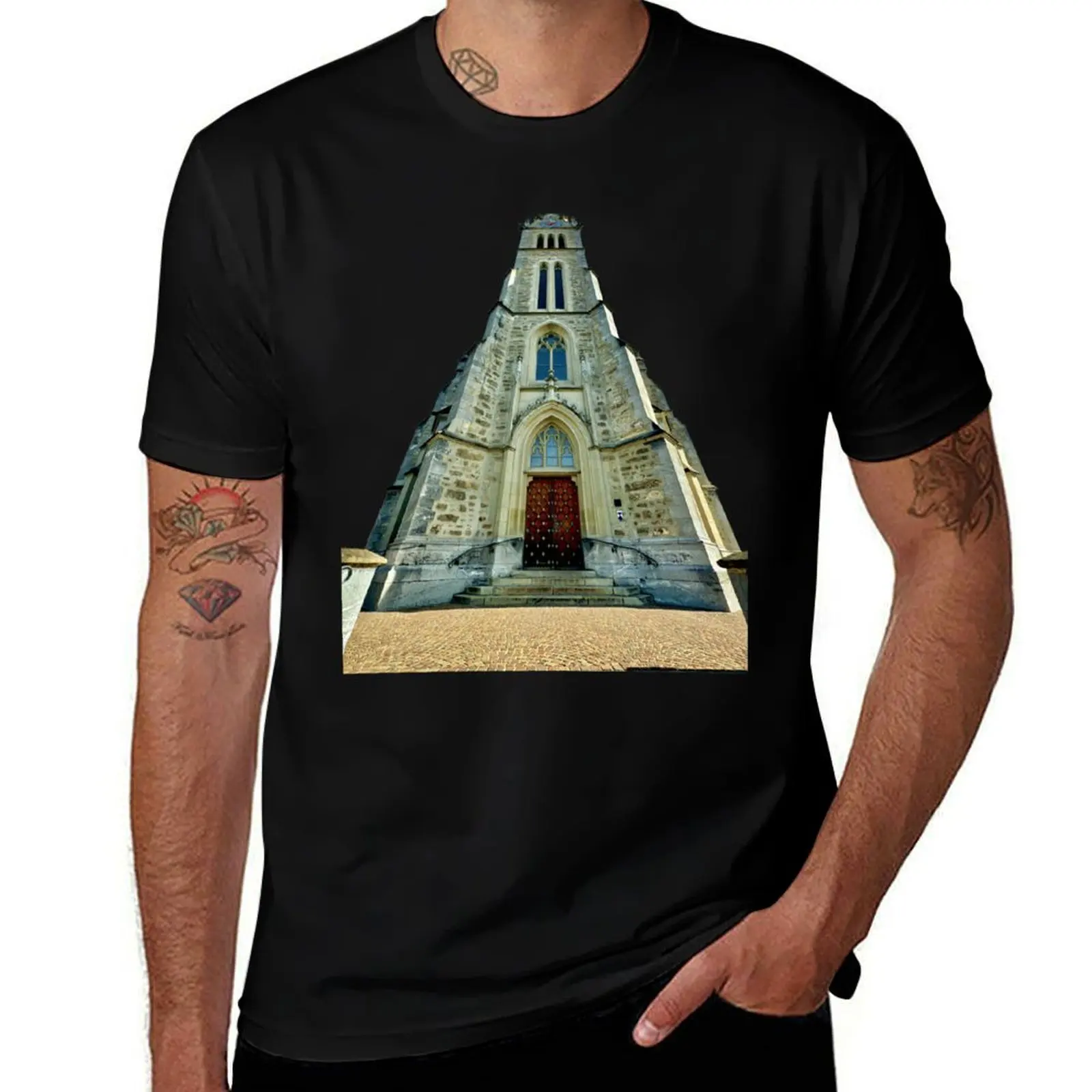 

St. Florin Cathedral in Vaduz – Timeless architecture in the heart of Liechtenstein T-Shirt summer tops Men's t-shirts