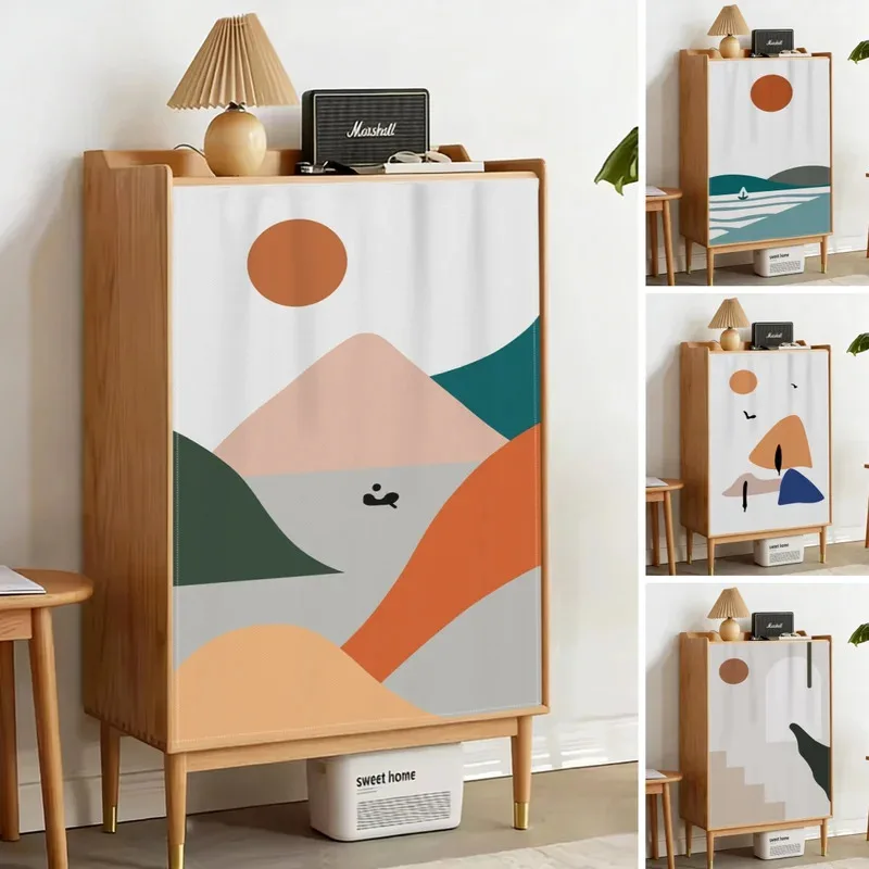 VIKAMA Nordic Style Abstract Landscape Geometry Cover Curtain Bookshelf Cover Curtain/Storage Cabinet Cover Curtain