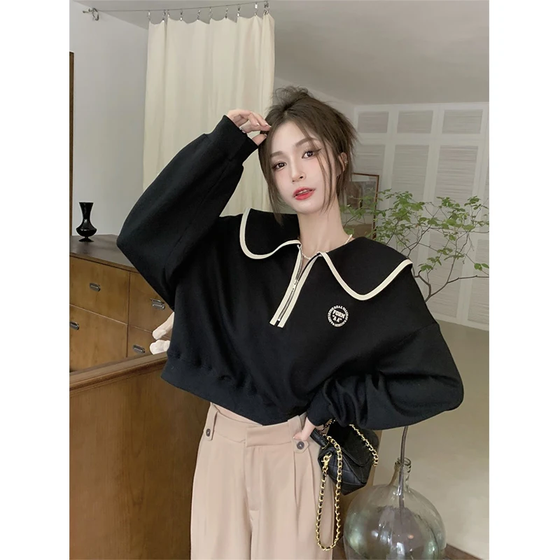 MEXZT Streetwear Cropped Sweatshirt Women Sweet Preppy Patchwork Pullovers Harajuku Korean Peter Pan Collar Casual Hoodies Tops