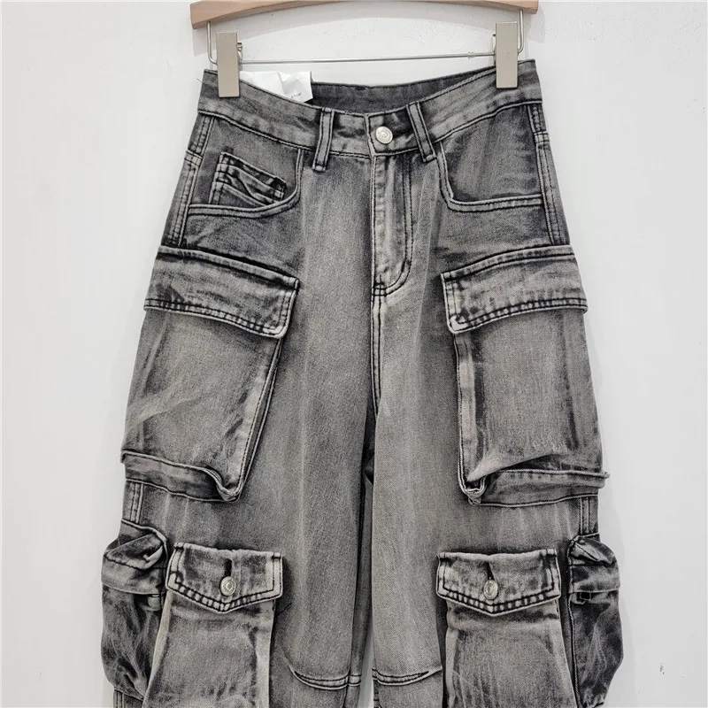 Jean Cargo de loisirs multi-poches pour femmes, gris, noir, taille haute, ample et assorti avec tout, pantalon droit noué à la cheville, nouvelle collection printemps