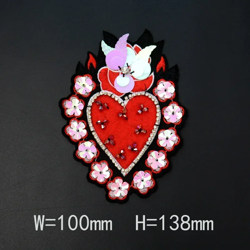 Handmade Rhinestone Beaded Patches Large Heart Cross Sewing on Patch for Clothing DIY Applique Decorative Clothes Bag Accessory