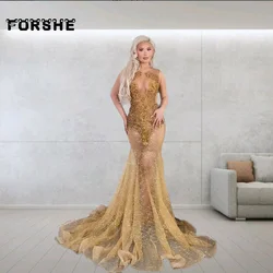 Gold Prom Dresses For Women Sheer Beading Crystal Mermaid Party Gowns Vestidos De Gala Black Girls Evening Outfit Customized