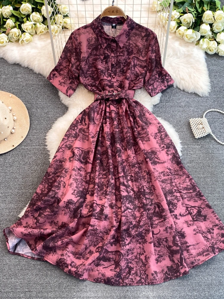 Vintage Printed Dress Women Short Sleeved Lapel A-line Ink Paint Shirt Dresses Ladies Elegant A-line Summer Long Robe Vestidos