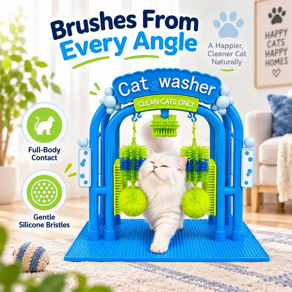 Cat Wash Grooming Station Interactive Toy Cat Car Wash Toy, Cat Wash Scratcher, Self Grooming Arch With Soft Brushes
