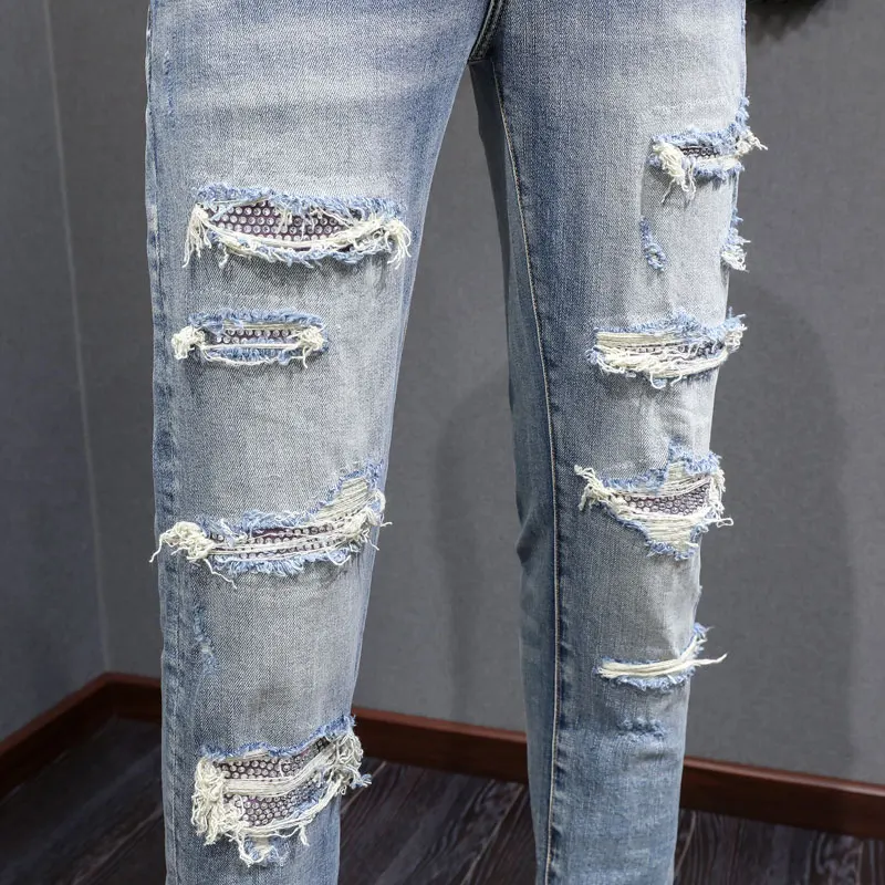 Y2KStreet Fashion New Men's Jeans Washed Nostalgic Stretch Slimming Blue Beaded Patch Jeans Designer Hip Hop Brand Painted Pan