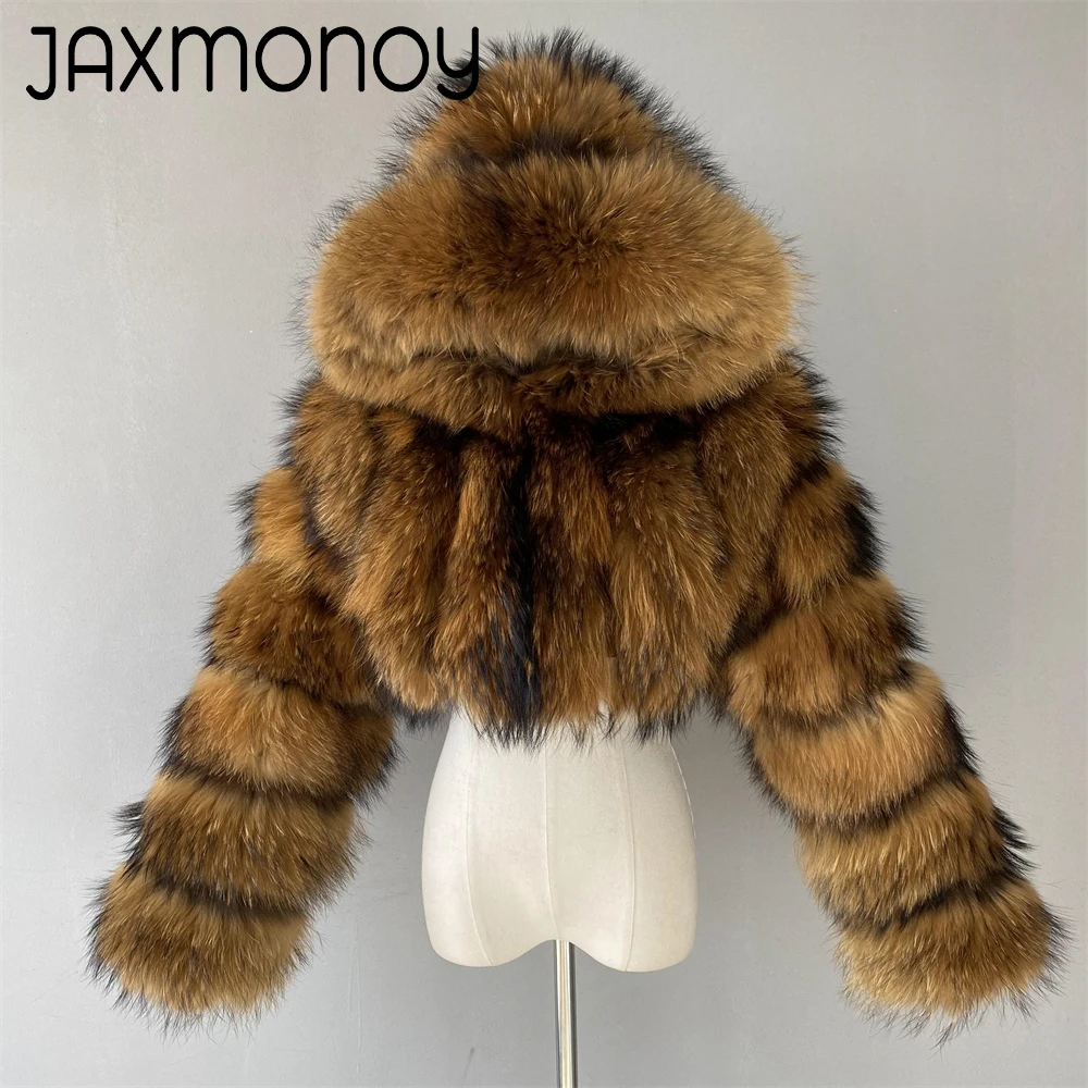 

Jaxmonoy Real Raccoon Fur Coat For Women Winter Fashion Hooded Fur Jacket Luxury Full Sleeves Warm Outerwear Female New Style