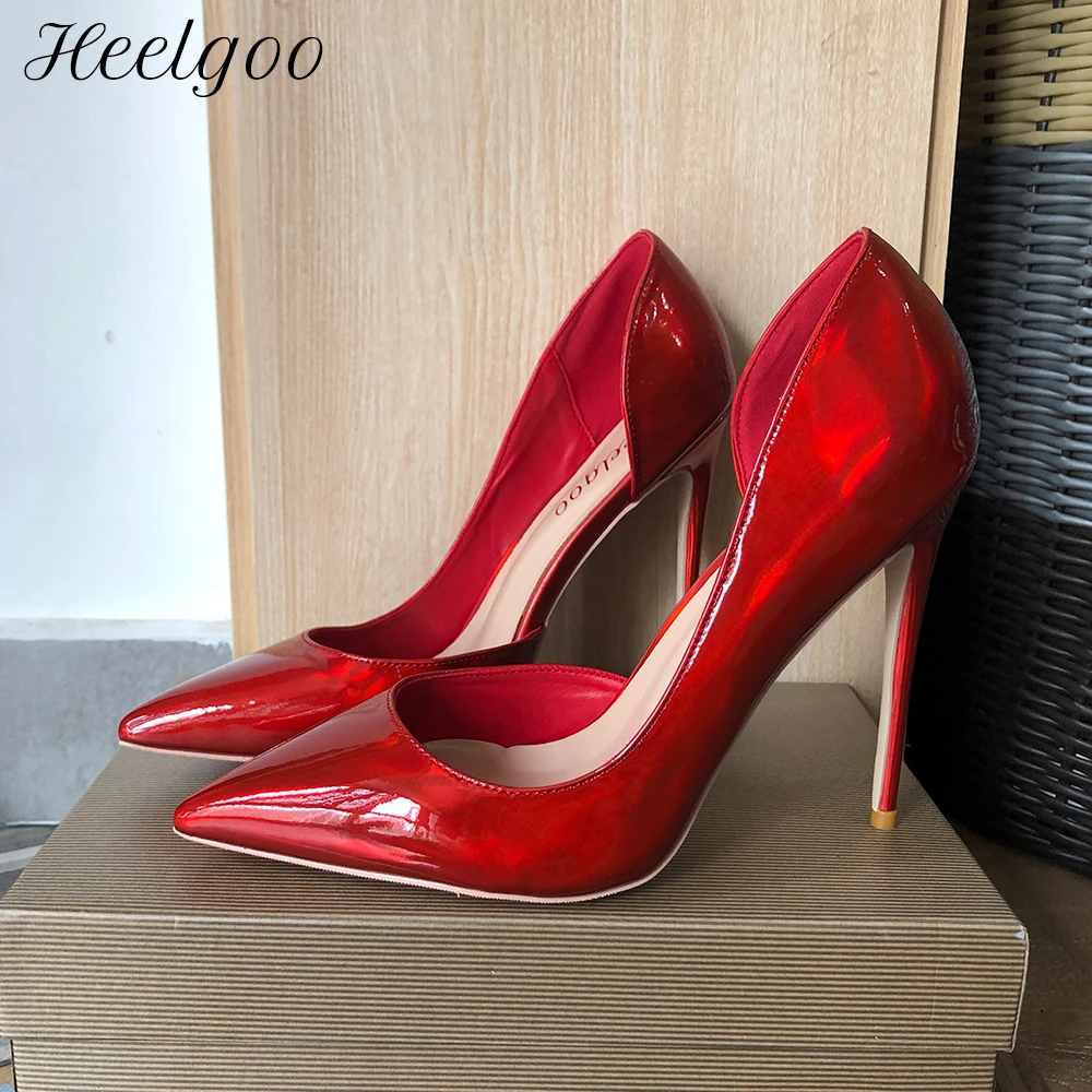 

Heelgoo Glossy Red Women Pointy Toe D'Orsay High Heels Wedding Bridal Shoes Gorgeous Slip On Stilettp Pumps Big Size 33 43 44 45