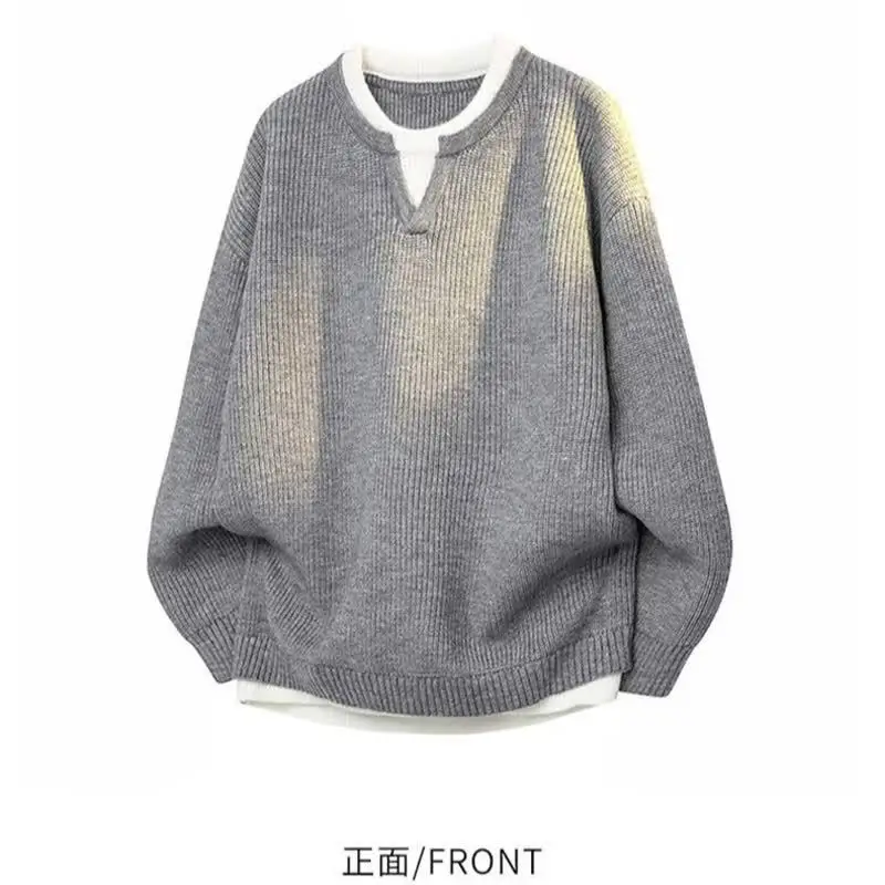 New Fashion Autumn Winter Men Color-coded O-neck Long Sleeve Loose Fit Simple Basic Daily Trendy Knitted Sweater Pullovers Tops