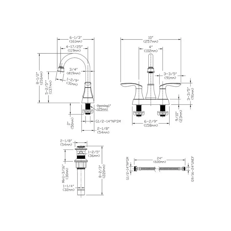 Bateria łazienkowa w kolorze matowej czerni z odpływem pop-up i wężami doprowadzającymi wodę, dwuuchwytowa, obrót 360 stopni °   Wysoki, obrotowy kran do umywalki łazienkowej o średnicy 6 cali.