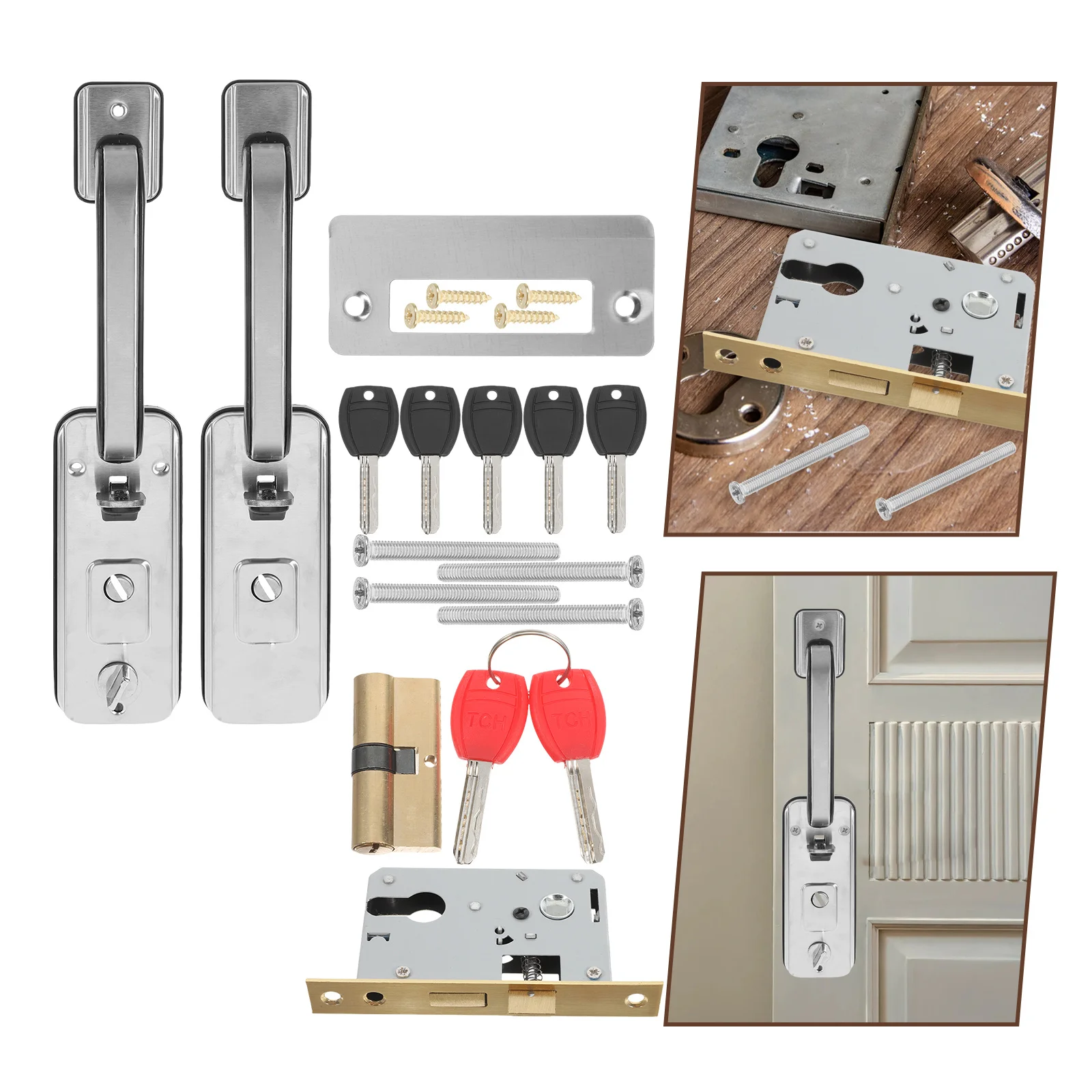

1Set Heavy Duty Front Door Handle Anti-Theft Stainless Steel Security Lock Set Exterior Entry Door Hardware Replacement