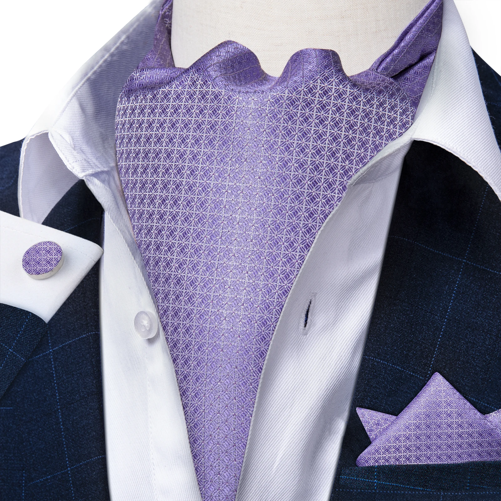 Silk Purple Plaid Ascot Pocket Square Cufflinks Set for Man Business Party Luxury Gentleman\'s Wedding Cravat Formal British Ties