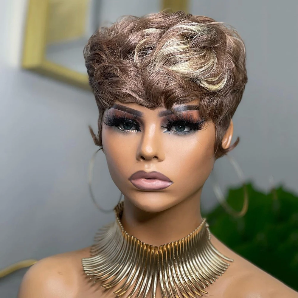 Highlight Platinum Blonde Pixie Cut Curly Human Hair Short Bob Wigs With Bangs Ash Blonde Colored Full Machine Made Wig