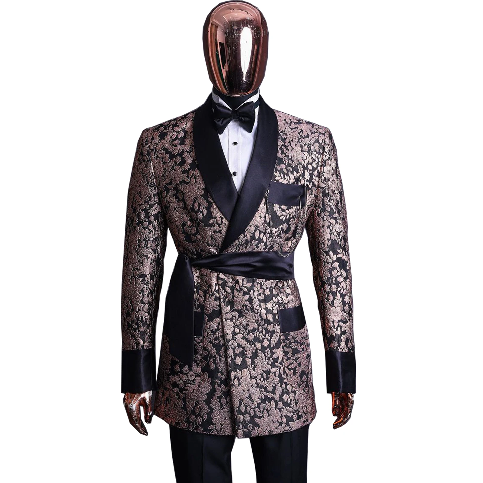 

Floral Suits For Mens Shawl Lapel Double Breasted Business Blazer Wedding Groom Tuxedo 2 Piece Jacket Pants Belt Costume Homme