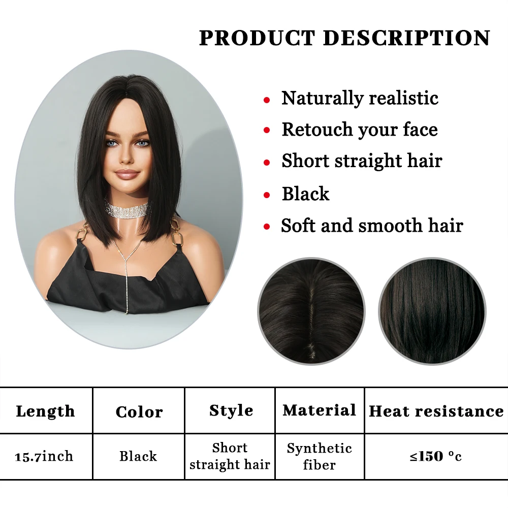 Black Short Straight Hair Women Wig Mid Parting Bob Wig Heat Resistant Synthetic Wigs Lolita Cosplay Party Daily Female Wig