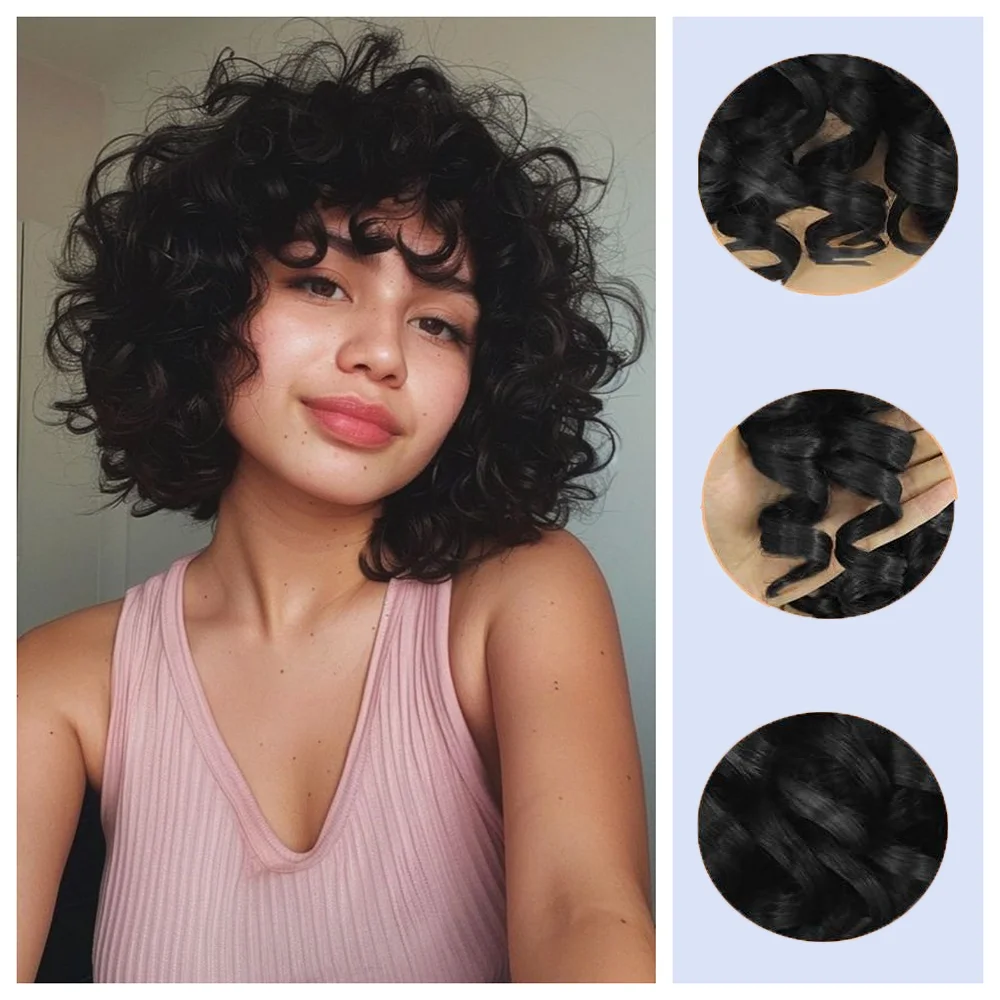 Big Curly Wigs For Black Women, Synthetic Loose Curly Wigs With Bangs, 14 Inch Black Natural Bob Wigs For Women