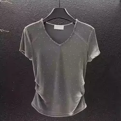 Large Size Ironing T-shirt for Women in Summer Slim Waist-hugging V-neck Sweet Short-sleeved Top